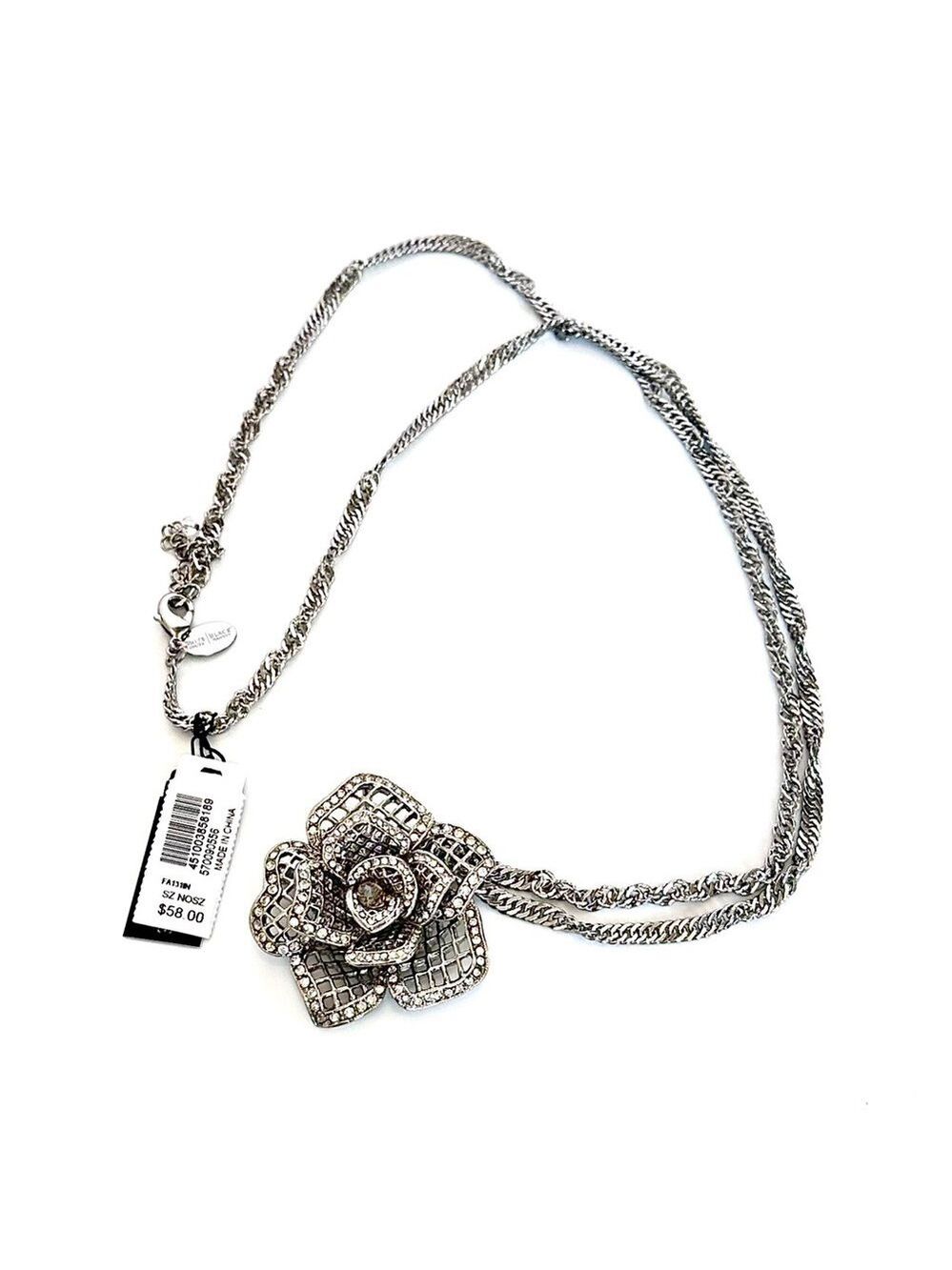 WHBM Silver Rose Pendant Convertible Necklace Brooch NWT